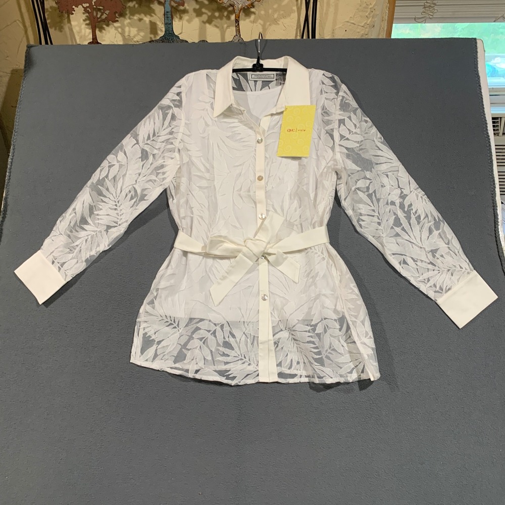Simonton Says Button Down Shirt Womens Medium White Tropical Leaf Sheer Set NWT